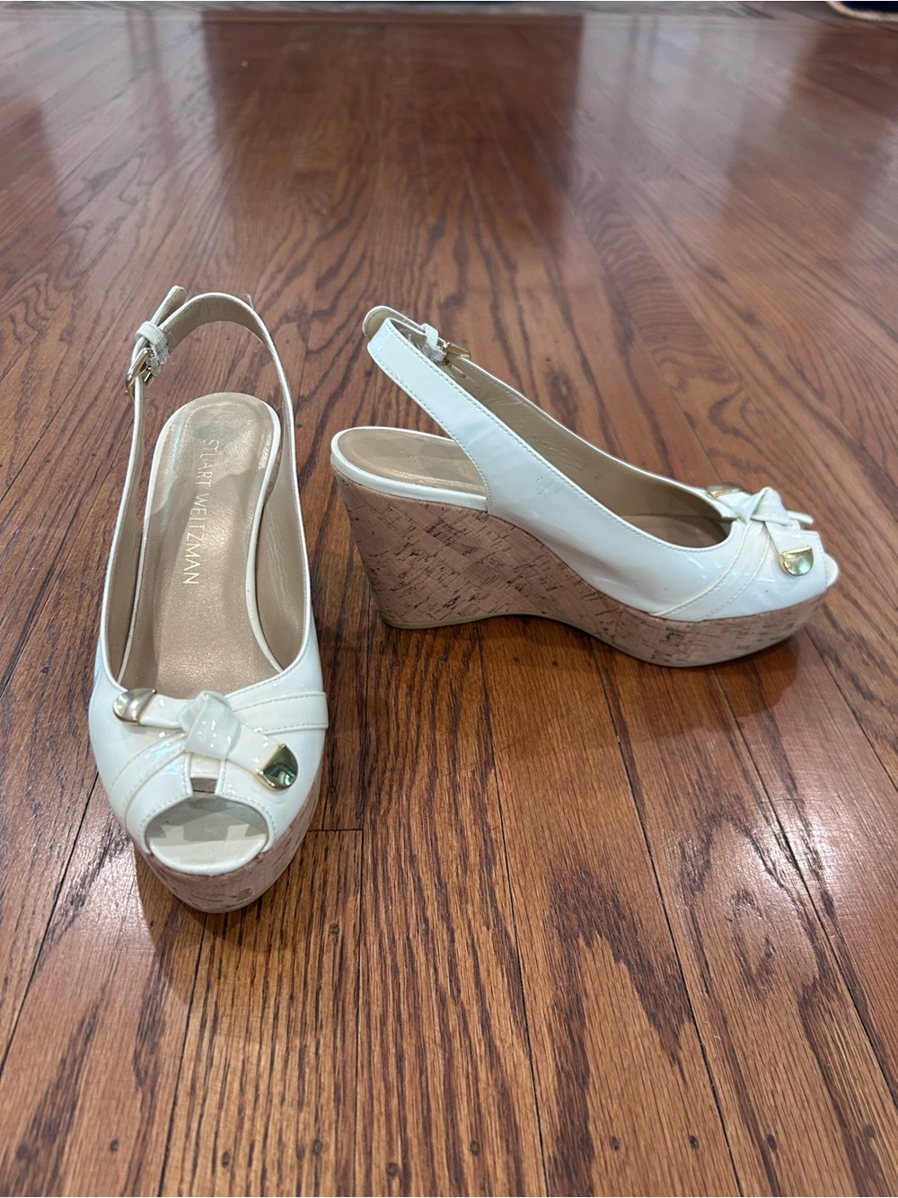 Stuart Weitzman White Patent Cork Wedge Slingbacks with Bow